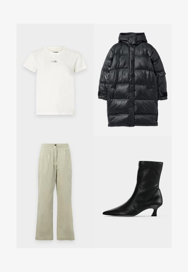 Schwarze Daunenjacke mit Kapuze, mit schimmernder, gestepptem Außenmaterial, vorderen Taschen und Klettverschlussakzenten an den Ärmeln.; Weiße Baumwoll-T-Shirt mit kurzen Ärmeln, Rundhalsausschnitt und einem rechteckigen schwarzen Drucklabel auf der Vorderseite, das Zahlen und Symbole zeigt.; Hellegrüne weite Hose aus weichem Stoff, mit einem Frontknopfverschluss, Falten und einem sauberen Saum.; Schwarzer Leder-Stiefel bis zur Mitte der Wade mit spitzer Schuhspitze und niedrigem Kittenabsatz, seitlich auf hellem einfarbigem Hintergrund gezeigt.