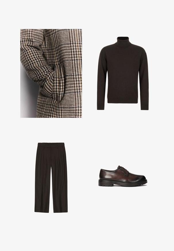 Brun og beige houndstooth-mønstret frakke i et tekstureret stof, med en løs pasform og en sidelomme på ærmet.; Mørkebrun langærmet rullekrave trøje med ribstrikkede manchetter og kant, lavet af blødt strikket stof.; Sorte brede bukser med subtile hvide nålestriber, bæltestropper og sidelommer, vist mod en hvid baggrund.; Brune lædersko til mænd med en glat finish, rund tå og snørebånd. Har en robust sort gummisål med godt greb.