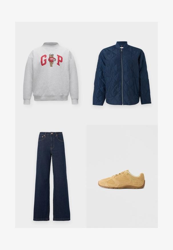 Veste matelassée bleu marine avec fermeture éclair et col côtelé, confectionnée en tissu lisse, avec des détails de logo discrets et des poches latérales.; Sweat-shirt gris clair avec les lettres rouges G et P, représentant un ours portant un sweat à capuche rouge GAP et une casquette blanche tenant un ballon de football entre les lettres.; Jean denim bleu foncé taille haute, jambes larges, avec poches avant, passants pour ceinture, bouton et rivets couleur cuivre.; Baskets en suede beige avec un bout arrondi, tige texturée comprenant des détails de couture, un col rembourré et une semelle en caoutchouc pour une meilleure adhérence.