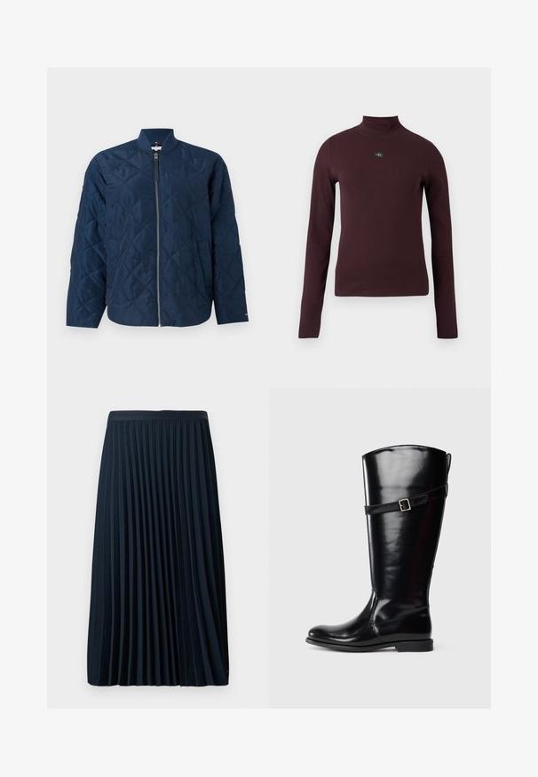 Veste matelassée bleu marine avec fermeture éclair et col côtelé, confectionnée en tissu lisse, avec des détails de logo discrets et des poches latérales.; Haut à col roulé bordeaux à manches longues avec une texture côtelée et un petit patch logo sur la poitrine. La coupe est ajustée et le tissu semble lisse.; Jupe plissée marine avec une taille texturée, en tissu lisse, présentant des plis verticaux régulièrement espacés et un design mi-mollet.; Botte en cuir noir haute avec un talon bas et une sangle décorative avec boucle en argent autour du haut du mollet.
