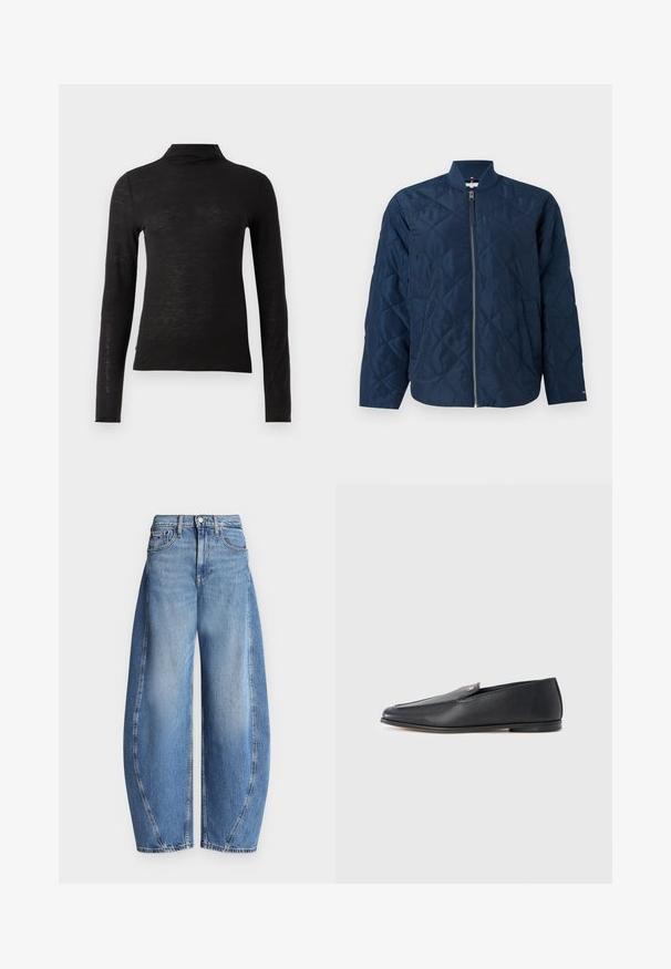 Veste matelassée bleu marine avec fermeture éclair et col côtelé, confectionnée en tissu lisse, avec des détails de logo discrets et des poches latérales.; Haut noir à manches longues et col roulé en matériau texturé, avec une coupe ajustée et un design minimaliste sans motifs ni éléments matériels visibles.; Jean en denim bleu à jambes larges avec panneaux latéraux contrastants, fermeture par bouton et fermeture éclair devant, et design à cinq poches.; Mocassins en cuir noir à texture lisse, bout arrondi et détails de couture subtils. Ils présentent un accent logo doré sur le côté supérieur.