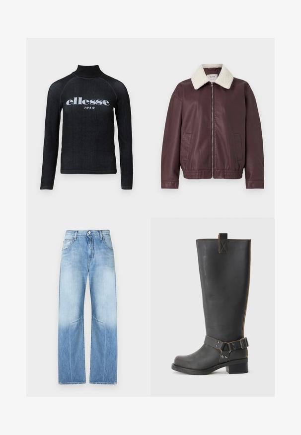 Bordo nepleer jas met een crèmekleurige schapenvachtkraag, front rits en zijzakken; heeft een elastische zoom en manchetten.; Zwarte longsleeve top met een hoge kraag, voorzien van een witte bedrukte "ellesse 1959" logo op de borst; zachte, rekbare stof.; Lichtblauwe denim jeans met hoge taille, wijde rechte pijpen, knoopsluiting aan de voorkant en vijfzakkenmodel.; Zwarte leren knie- hoog laars met een gestructureerde afwerking, voorzien van een zijgesp accent en een lage hak. Gedetailleerde stiksels langs de naden.