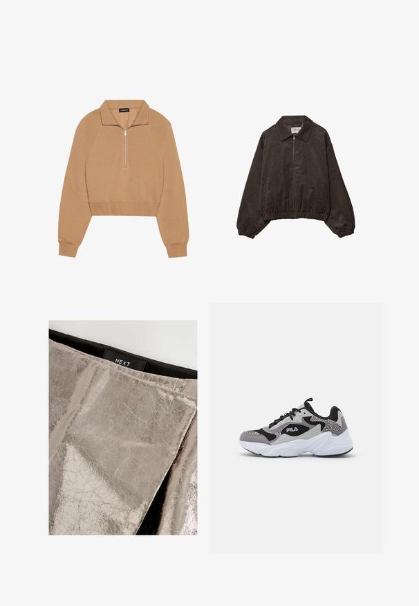 Kurz geschnittene, dunkelbraune Cordjacke mit Kragen, Frontreißverschluss, elastischen Bündchen und Saum, mit einer strukturierten Stoffoberfläche.; Even&Odd Sweatshirt - tan; Metallisch silberner Rock mit einer zerknitterten Textur, ausgestattet mit einem schwarzen Bund und einem dezenten Logoetikett innen. Glatte, reflektierende Oberfläche.; Grau-, Schwarz- und Weißer Sneaker mit strukturiertem Obermaterial, gepolstertem Kragen, dicker weißer Sohle und Mesh-Einsätzen für Atmungsaktivität.