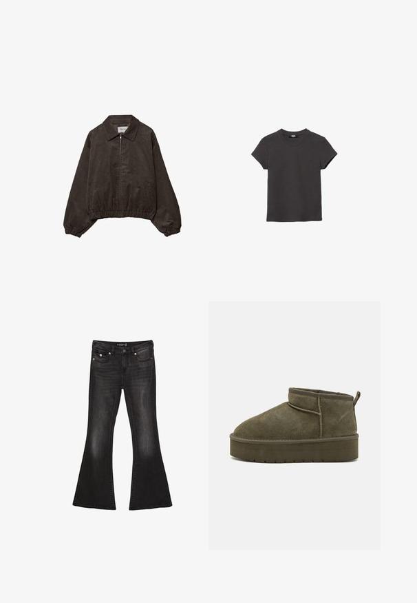 Korte, donkerbruine corduroyjas met kraag, ritssluiting aan de voorkant, elastische manchetten en zoom, met een textuurrijke stofafwerking.; Houtskoolgrijs, kortärmelig, katoenen t-shirt met ronde hals en een rechte zoom, plat neergelegd op een witte achtergrond.; Zwarte denim flared jeans met een mid-rise taille, voorzien van vijf zakken, contrasterende stiksels en accenten in zilverkleurige hardware.; Olijfgroene suède enkellaarzen met een ronde teen, gestikte details en een dikke zool met een gestructureerd patroon. Kleine trekband aan de achterkant.