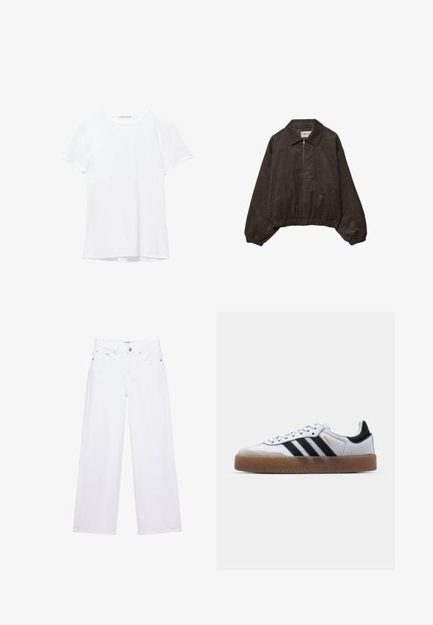 Veste courte en velours côtelé marron foncé avec col, fermeture éclair avant, poignets et ourlet élastiqués, dotée d'une finition en tissu texturé.; T-shirt blanc à manches courtes en tissu lisse, avec un col rond et de subtils détails de couture à l'ourlet.; Jean blanc taille haute à jambes larges avec fermeture à boutons et zip, poches avant et arrière, et détails en rivets argentés.; Baskets en cuir blanc avec des rayures noires, semelle extérieure en caoutchouc beige, bout rond, fermeture lacée et embout en suède gris doux.