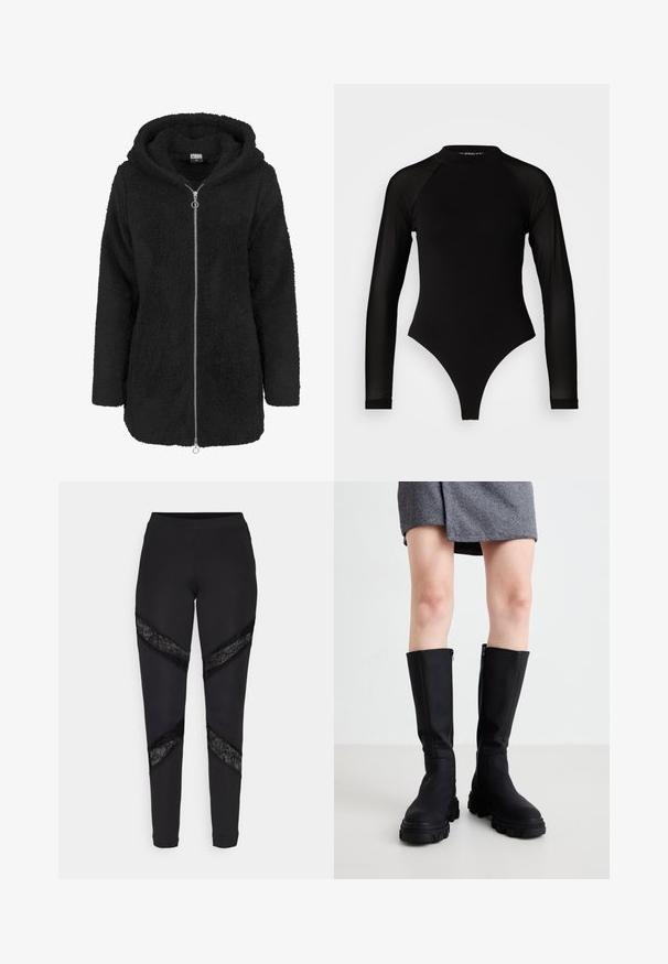 Schwarze Kapuzenjacke aus Kunstpelz mit durchgehendem Reißverschluss, strukturierter Oberfläche und lockerem Schnitt, geeignet für legere Kleidung.; Schwarzer Langarm-Body mit hohem Kragen, bestehend aus festem Stoff im Torso und transparenten Netzärmel, entworfen in einer körperbetonten Form.; Schwarze Leggings mit dreieckigen Ausschnitten, die an den Seiten mit schwarzer Spitze akzentuiert sind. Sie bestehen aus einem dehnbaren Stoff mit passgenauer Passform.; Schwarze kniefähige Stiefel mit einer glatten Oberfläche, robusten Sohlen und einem dezenten Seitenreißverschluss. Stilvoll kombiniert mit einem grauen Fischgrätrock.