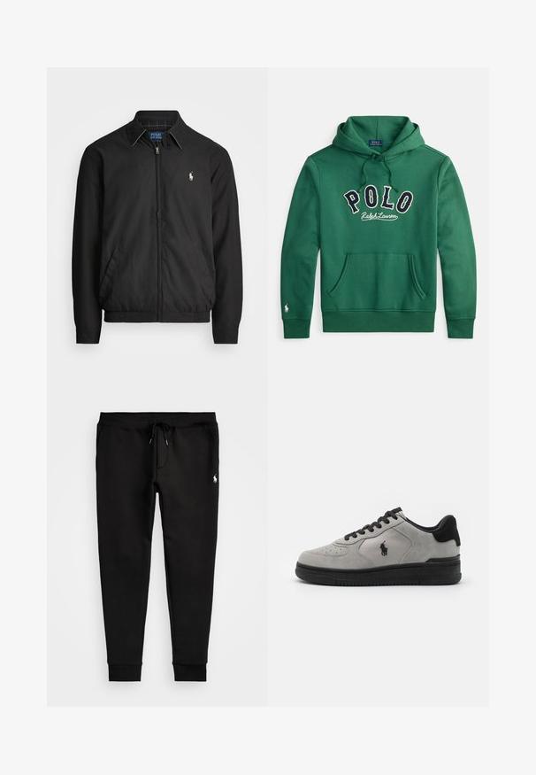 Must musta jakk, mis on valmistatud siledast materjalist. Selles on ettepoole tõmmatav tõmblukk, elastsed mansetid, küljetaskud ja rindkere peal väike tikandiga logo.; Roheline kapuutsiga pusa esiküljel kängurutasku ja rinnal tumesinise ning valge värviga tikitud tekstiga "POLO Ralph Lauren".; Mustad mustad tõmmud püksid pehmest kangast, millel on nöörvöö, sobivad varrukad ja väike valge logo vasakul jalal.; Halli sisejalatsid mustade aktsentidega, millel on tekstuuriga kangas külgpaneel, ümar nina ja must kummikreen. Logo on tikandina külje peal.