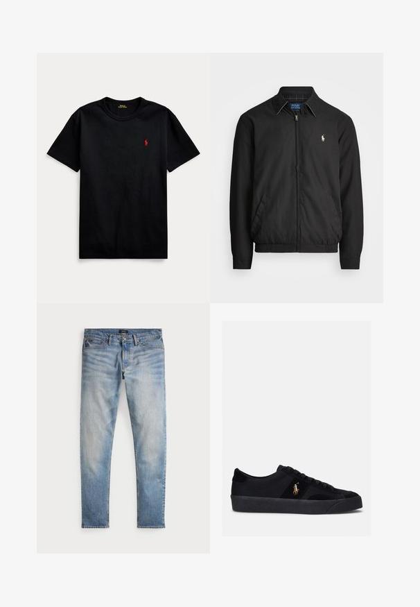 Schwarze Bomberjacke aus glattem Material mit Frontreißverschluss, elastischen Bündchen, seitlichen Taschen und einem kleinen gestickten Logo auf der Brust.; Schwarzes Baumwoll-T-Shirt mit kurzen Ärmeln, Rundhalsausschnitt und kleinem roten gestickten Logo auf der linken Brust. Glatte Textur, lässiges Design.; Helle blaue Denim-Jeans mit einem ausgewaschenen Finish, Fünf-Taschen-Design und kontrastierenden Nähten. Mit Reißverschluss und Gürtelschlaufen. Gerade geschnitten.; Schwarze Sneakers mit einem Obermaterial aus Stoff und Wildleder, runder Zehenpartie, flacher Gummisohle und gesticktem Logo an der Seite. Schnürdesign mit sechs Ösen.
