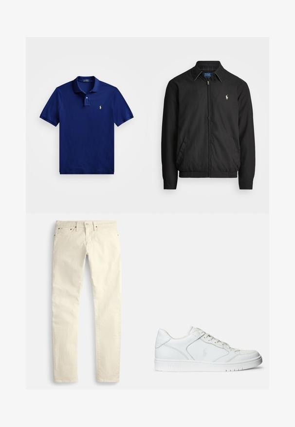 Must musta jakk, mis on valmistatud siledast materjalist. Selles on ettepoole tõmmatav tõmblukk, elastsed mansetid, küljetaskud ja rindkere peal väike tikandiga logo.; Tumedat navy-sinine polo-särk, mis on valmistatud pehmest puuvillast. Särgil on kolmesuunaline nööbistamine, lühikesed varrukad ja vasakul rinnal kollane logo.; Heledat beezhitooni sirge säärega püksid, valmistatud tekstuurse kangaga. Omavad viit taskut ja pruuni metallist riistvara. Pole nähtavaid mustreid ega aksente.; Valged nahast spordijalatsid siledast materjalist, millel on ventilatsiooniga varvas, paelad ja kõrvale brodeeritud logo. Valge kummitald.