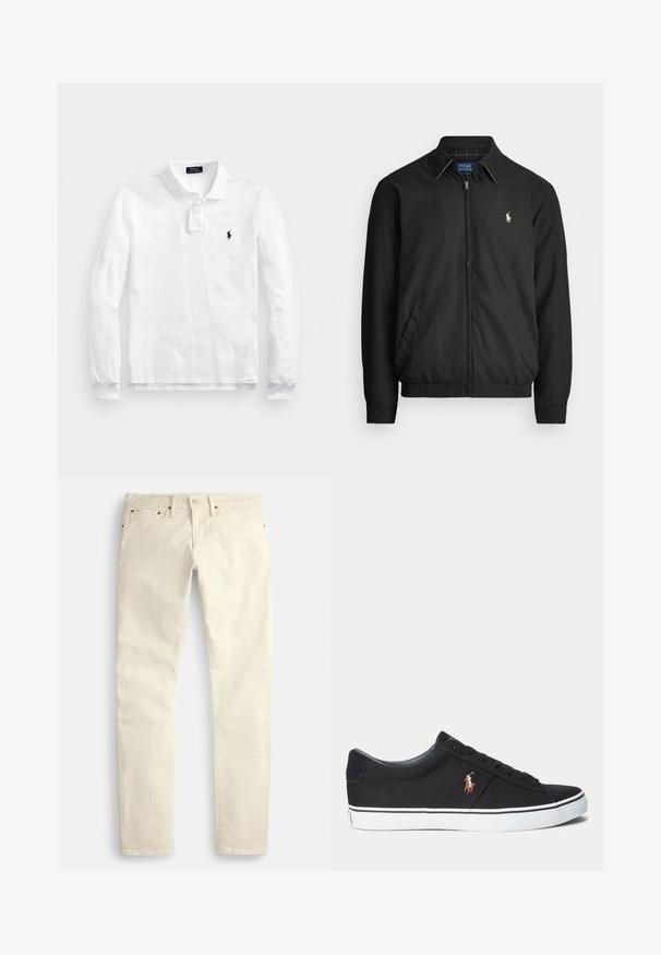 Must musta jakk, mis on valmistatud siledast materjalist. Selles on ettepoole tõmmatav tõmblukk, elastsed mansetid, küljetaskud ja rindkere peal väike tikandiga logo.; Valge pika varrukaga polo särk, mis on valmistatud puuvillast, klassikalise krae, kolme nupuga ja tumesinine logo vasakul rinnal.; Heledat beezhitooni sirge säärega püksid, valmistatud tekstuurse kangaga. Omavad viit taskut ja pruuni metallist riistvara. Pole nähtavaid mustreid ega aksente.; Must madala säärega toss valge tallaga ja külje peal tikitud polo mängija logoga, paeltega kinnitusega ja tekstureeritud kangast pealiskihiga.