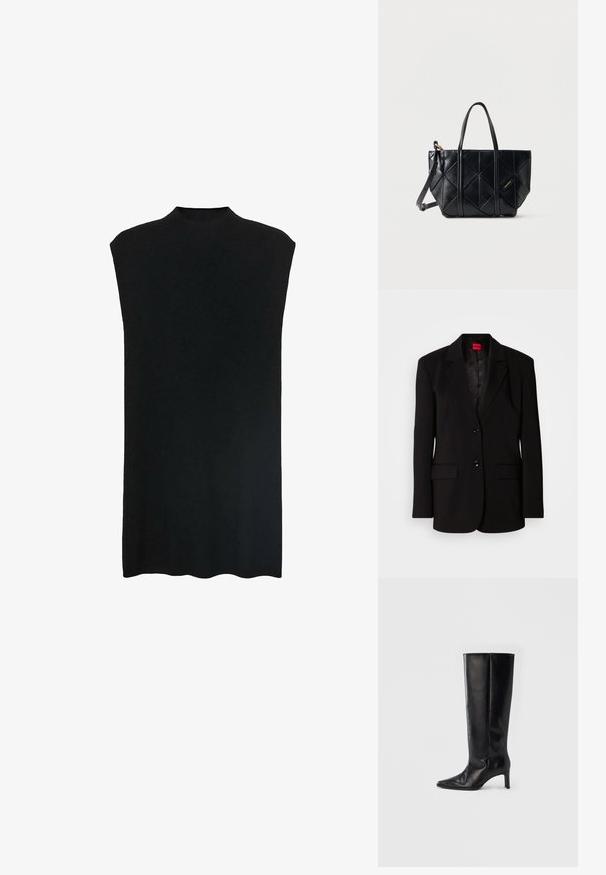 Zwarte blazer met neklapjes, twee voorzakken, twee knopen en een binnenvoering met patroon. Gemaakt van gladde stof.; Zwarte mouwloze tuniek met een hoge halslijn, zachte stof, losse pasvorm en een rechte silhouette. De zoom is aan de onderkant licht gebogen.; Zwarte kniehoge laarzen gemaakt van glad leer, met een puntige neus en een slanke hak, een nauwsluitende schacht en een minimalistisch ontwerp.; Zwart gewatteerd leren handtas met twee handvatten bovenop en een verstelbare schouderriem, weergegeven tegen een effen witte achtergrond.
