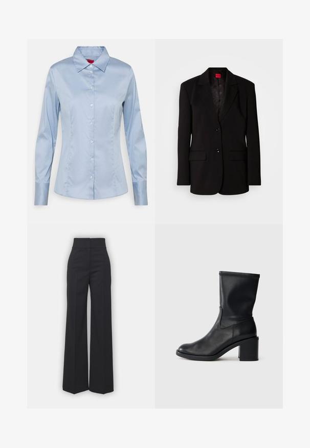Zwarte blazer met neklapjes, twee voorzakken, twee knopen en een binnenvoering met patroon. Gemaakt van gladde stof.; Lichtblauw button-up shirt van gladde stof, met een klassieke kraag, lange mouwen en een rechte pasvorm met subtiele stikseldetails.; Wijdvallende broek in zwarte stof met een hoge tailleband, met een schone afwerking en een gladde textuur. Geen zichtbare hardware of patronen.; Zwarte leren enkellaars met een ronde neus, een gladde textuur en een chunky hak, met een strak schacht en subtiele stiksels.