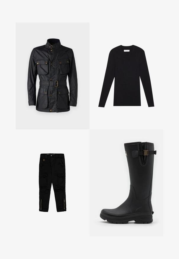 Zwarte jas van textuurstof, met een hoge kraag, vier voorzakken, een ceintuur in de taille en accenten van goudkleurig beslag.; Pier One MUSCLE FIT KNITJUMPER - Trui - black; Zwarte cargo broeken van katoen, met zijzakken, ritsaccenten bij de enkels en een regular-fit ontwerp.; Barbour TEMPEST TALL WELLY - Regenlaarzen - black