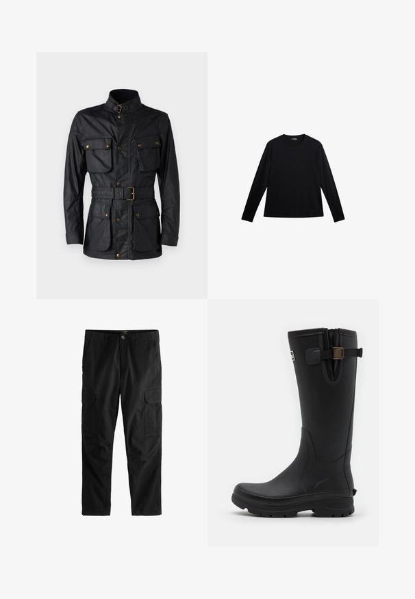 Schwarze Jacke aus strukturiertem Stoff, mit hohem Kragen, vier Fronttaschen, tailliertem Bund und Akzenten in goldfarbener Hardware.; Schwarzes Langarm-T-Shirt aus glattem Stoff, mit Rundhalsausschnitt und einem dezenten Logo auf der Vorderseite, in lockerer Passform.; Schwarze Cargohose mit Frontknopf, Gürtelschlaufen, seitlichen Klapptaschen und genähten Kniepaneelen, dargestellt vor weißem Hintergrund.; Barbour TEMPEST TALL WELLY - Gummistiefel - black
