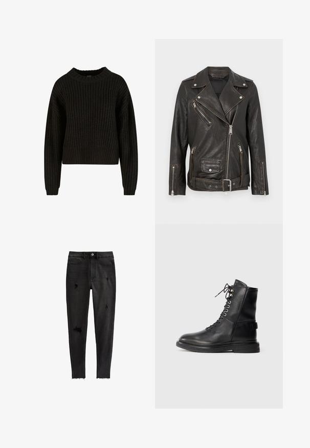 Chaqueta de biker de cuero negro con bolsillos con cremallera, herrajes plateados y cintura con cinturón. Presenta un diseño asimétrico clásico y acabado texturizado.; Suéter negro de punto con textura acanalada, cuello redondo y mangas largas. Diseño corto con un ajuste holgado. Sin patrones visibles ni elementos metálicos.; Vaqueros negros ajustados de mezclilla, con detalles desgastados, cintura alta, cinco bolsillos y un dobladillo sin rematar en los tobillos.; Botín negro de cuero hasta el tobillo con cordones en la parte frontal, ojales plateados, suela de goma negra texturizada y cuello acolchado para mayor comodidad.