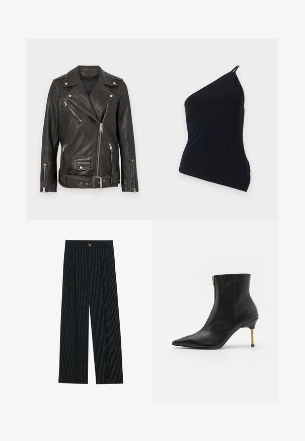 Chaqueta de biker de cuero negro con bolsillos con cremallera, herrajes plateados y cintura con cinturón. Presenta un diseño asimétrico clásico y acabado texturizado.; Top negro de un solo hombro, hecho de una tela suave. Presenta un corte diagonal, diseño asimétrico y un acento metálico en el hombro.; Pantalones de pierna ancha a rayas negras, fabricados con una tela texturizada, que cuentan con un cierre frontal de botón y un diseño plisado para mayor interés.; AllSaints NATASHA - Botines - black