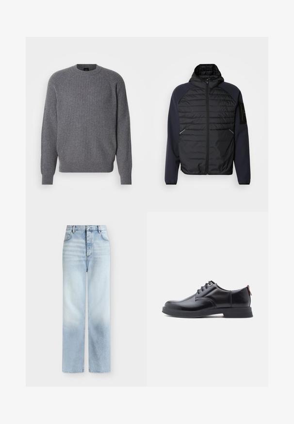 Hoodie s čiernym prešívaným predným dielom, námorníckymi modrými rukávmi, so zipsovým zapínaním a bočnými vreckami. Obsahuje nášivku loga na rukáve.; Sivá rebrovaná pletená dlhá mikina s okrúhlym výstrihom a rebrovanými manžetami, vystavená na jednoduchej bielej pozadí.; Svetlomodré rifle s vysokým pásom a rovnými nohavicami, s prednými vreckami, pútkami na opasok a zapínaním na gombík.; Čierne kožené šnurovacie topánky s hladkou textúrou, zaoblenou špičkou a jemnými švami. Na päte je červené sťahovacie očko.