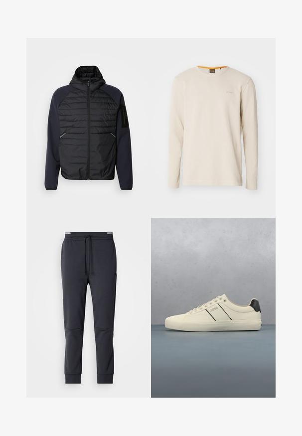 Hoodie s čiernym prešívaným predným dielom, námorníckymi modrými rukávmi, so zipsovým zapínaním a bočnými vreckami. Obsahuje nášivku loga na rukáve.; Svetlo béžové tričko s dlhým rukávom vyrobené z textúrovanej tkaniny. Má okrúhly výstrih a malé logo na hrudi s oranžovým akcentom vo vnútri goliera.; Tmavošedé tepláky s pruhom v páse, zúženými nohavicami a bočnými vreckami. Hladká textúra a minimalistické dizajnové detaily.; Krémové tenisky s hladkou textúrou, s čiernymi akcentmi a brandingom. Klasický štýl so šnurovaním, guľatou špičkou a gumovou podrážkou.