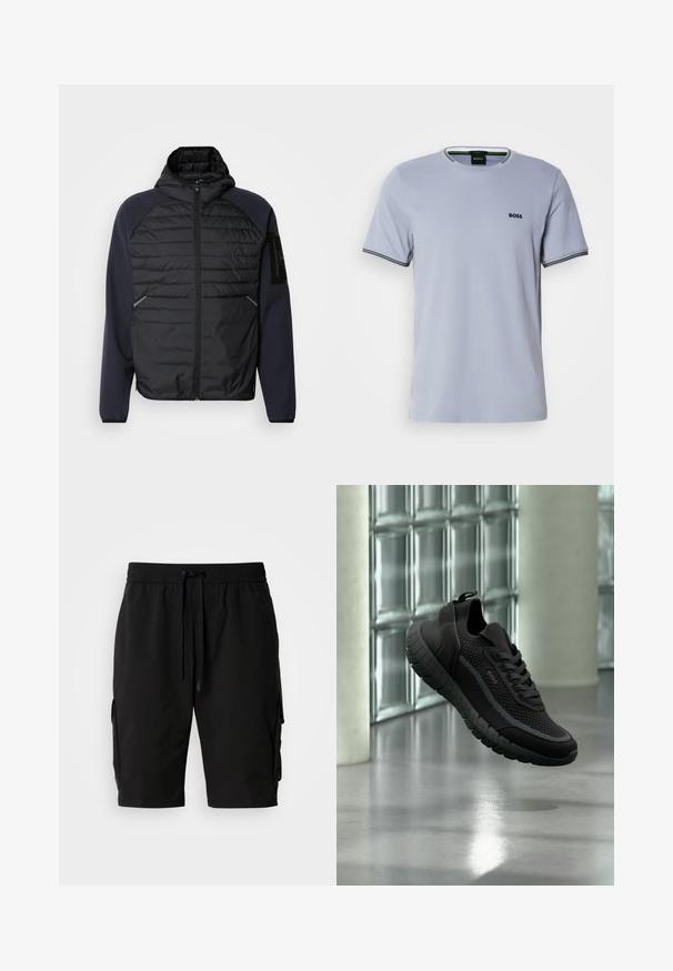 Chaqueta con capucha, con un frente negro acolchado, mangas azul marino, cierre con cremallera y bolsillos laterales. Presenta un parche con el logo en la manga.; Camiseta de algodón azul claro con cuello redondo, mangas cortas y detalles a rayas en blanco y negro en los puños, que presenta un pequeño logo bordado.; Pantalones cortos cargo negros hechos de tejido ligero, con una cinturilla elástica, cordón y bolsillos laterales cargo para almacenamiento adicional.; Zapatilla negra de punto con suela gruesa con dibujo y cordones, de la marca "BOSS", flotando en el interior cerca de una pared de bloques de vidrio y suelo de hormigón.