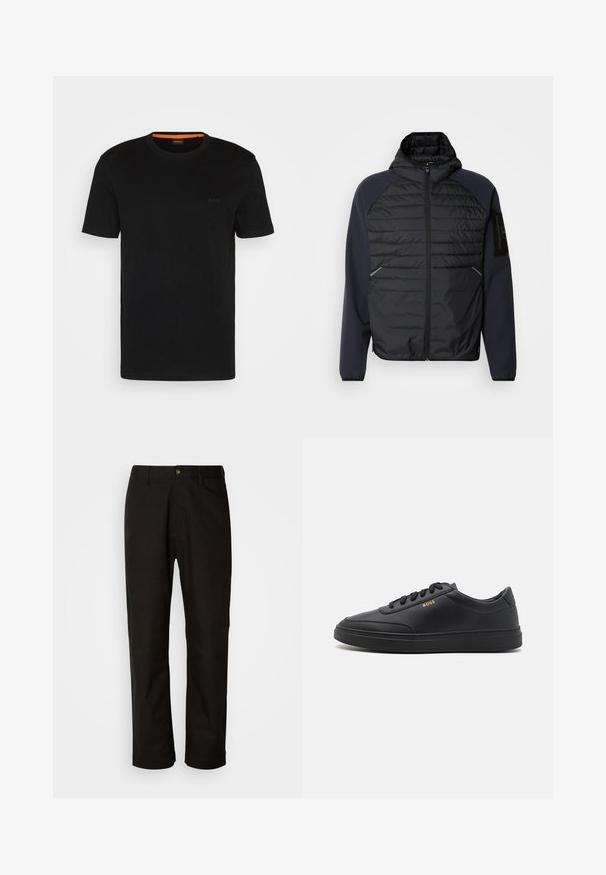 Veste à capuche avec un devant matelassé noir, des manches bleu marine, une fermeture éclair et des poches latérales. Dotée d'un patch logo sur la manche.; T-shirt noir à manches courtes fabriqué en tissu doux, avec un col rond et un logo discret à l'avant. Le col intérieur comporte un accent orange.; Pantalon en coton noir avec une coupe droite, des passants de ceinture, une fermeture éclair à l'avant et un seul bouton. Texture lisse sans motifs visibles.; Baskets en cuir noir avec une texture lisse, bout rond, semelle en caoutchouc plate et lacets ton sur ton. Présente une marque "BOSS" dorée sur le côté.