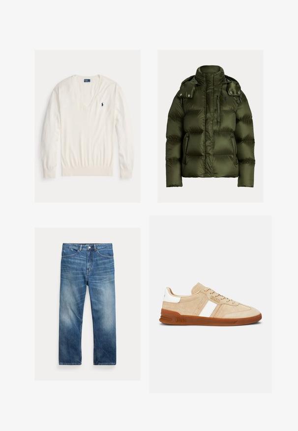 Chaqueta acolchada verde oliva con cuello alto, capucha desmontable con botones a presión, bolsillo frontal con cremallera y bolsillos laterales.; Jersey blanco de manga larga con cuello en V, puños y bajo acanalados, con un pequeño logotipo del jugador de polo Ralph Lauren en azul marino en el pecho izquierdo.; Vaqueros de denim azul lavado con corte de pierna recta, bolsillos delanteros, trabillas para cinturón y detalles descoloridos en los muslos y las rodillas.; Zapatillas de ante beige con rayas blancas, suela de goma y detalles en color tostado. Presentan un cuerpo texturizado y un logotipo en el lateral.