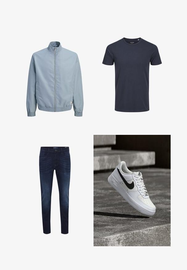 Veste zippée bleu clair avec col montant, poignets et ourlet élastiques, et deux poches latérales, présentée sur fond blanc.; T-shirt à manches courtes bleu marine en coton avec un col rond et un ourlet droit. Design simple et uni, sans motifs ni accents supplémentaires.; Jeans en denim bleu foncé avec une coupe slim, design à cinq poches, un léger effet délavé, fermeture à bouton et étiquette logo sur la taille arrière.; Baskets blanches Nike Air Force 1 avec le swoosh noir, lacets attachés, en suspension dans les airs au-dessus d'une surface en béton texturé en extérieur.