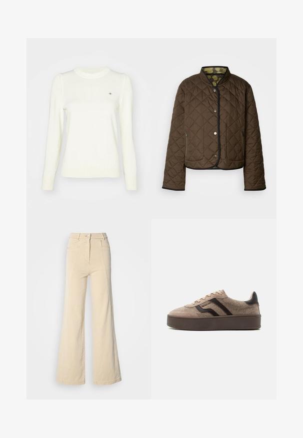 Veste matelassée marron avec des finitions noires, dotée d'un col haut, de boutons-pression et de deux poches latérales zippées. L'intérieur présente une doublure à motif.; Pull crème clair, texture tricotée, col rond, manches longues, poignets et ourlet côtelés. Détail logo discret sur la poitrine.; Jeans beige à jambes larges avec taille haute, poches avant, et couture contrastée, dotés d'une fermeture à bouton et d'une texture en coton lisse.; Baskets beige à plateforme basse avec des textures en suède et laine, motifs ondulés marron foncé, lacets beiges et semelle marron foncé.