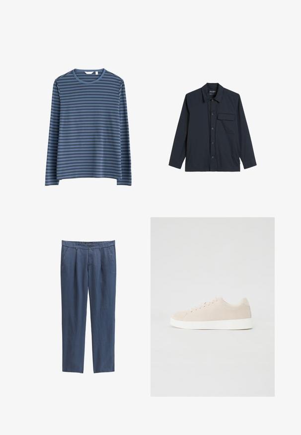 Marine knoop blouse met lange mouwen, enkele borstzak en een standaard kraag. Gemaakt van lichtgewicht stof met een soepele textuur.; Seasalt Cornwall SAILOR - Longsleeve - blue mini cornish vintage indigo; Blauwe rechte herenbroek met voorzakken, riemlussen, knoopsluiting en ritssluiting in een lichtgewicht stof.; Beige suède sneakers met witte rubberen zolen, ronde neus en zes veterogen. Gladde textuur met minimalistisch ontwerp.