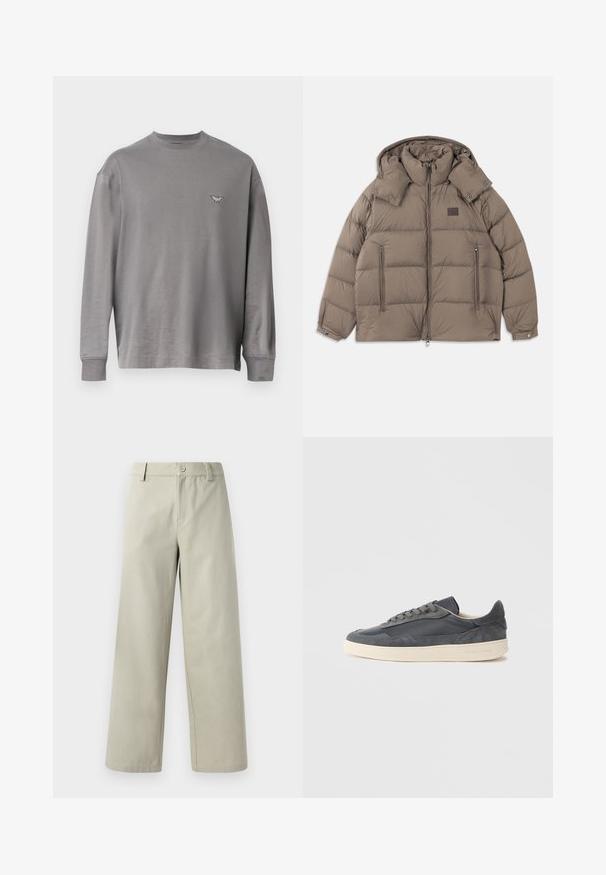 Puff jakke i lys brun, med høj krave, aftagelig hætte, lynlåslommer foran og horisontal quiltning. Blødt, isoleret materiale.; Grå langærmet t-shirt lavet af blødt stof, med rund hals og et lille, broderet logo på brystet. Generelt glat tekstur.; Han Kjøbenhavn WIDE LEG - Bukser - light grey; Mørkegrå sneakers lavet af læder og ruskind med lavt snit, med en cremefarvet gummisål og flade snørebånd.