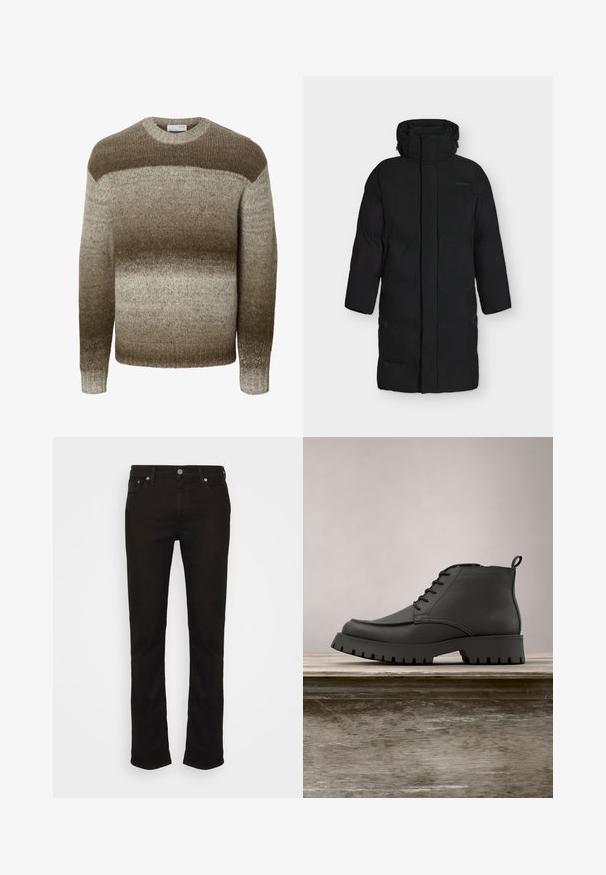 Lang sort foret vinterfrakke med høj krave og hætte, designet til fuld dækning og varme.; Langærmet strikket sweater med rund hals med horisontale gradientstriber i nuancer af brun og beige.; Sorte denim jeans med lige ben, der har et klassisk fem-lomme design, metal knaplukning og diskrete syninger.; Sorte læder ankelstøvler med rund tå, snørebånd og en tyk, robust sål med dybe riller. Hævet på en træoverflade.