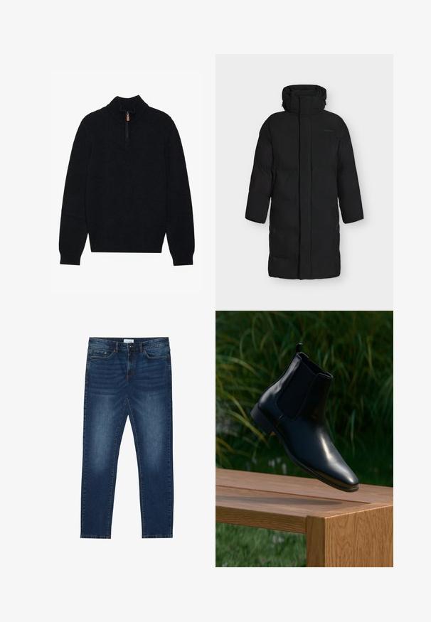 Long black padded winter coat with a high collar and hood, designed for full coverage and warmth.; Black sweater with a high neck and half-zip closure, made from a soft, textured fabric. Features ribbed cuffs and hem.; Dark blue slim-fit jeans with faded detailing, classic five-pocket design, button closure, and belt loops.; Black leather Chelsea boot hovering above a wooden bench with grass and plants in the background.