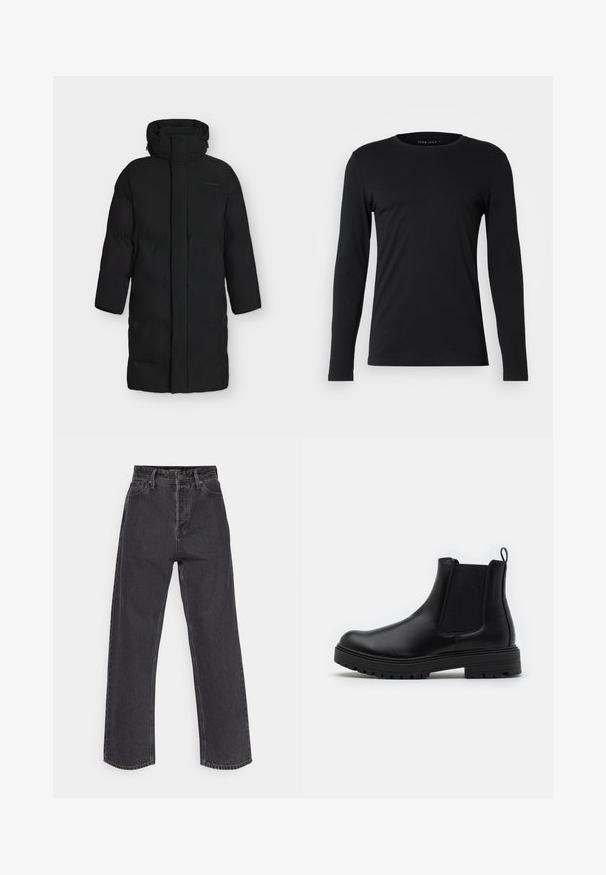 Long manteau d'hiver noir matelassé avec un col montant et une capuche, conçu pour une couverture complète et la chaleur.; T-shirt noir à manches longues en tissu doux. Il présente un col rond et une silhouette ajustée sans graphiques ou embellissements visibles.; Jeans taille haute, jambe droite en denim gris foncé, avec un design classique à cinq poches et des coutures contrastantes sur les seams.; Zign by Zalando LEATHER - Bottines - black