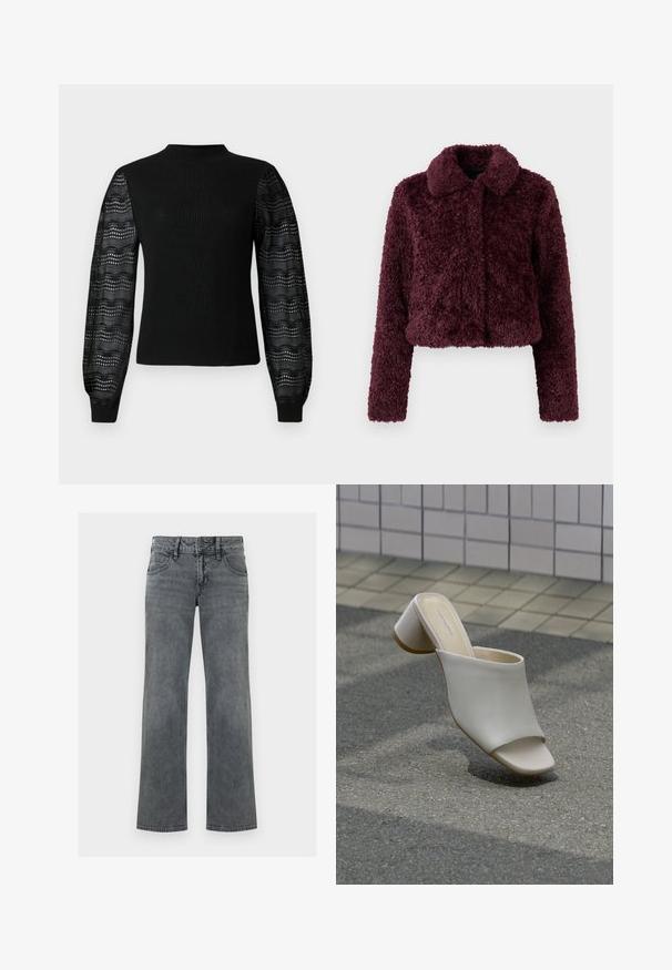Chaqueta corta color burdeos hecha de una tela texturizada y suave, con cuello y mangas largas. Sin cierres ni adornos visibles.; Suéter negro con textura acanalada y un cuello alto, con mangas de encaje transparente con estampado y puños ajustados.; Jeans de mezclilla gris de pierna recta con botón frontal, cremallera y diseño de cinco bolsillos, exhibidos contra un fondo blanco.; Un zapato mule blanco abierto en la punta con tacón ancho sobre suelo pavimentado cerca de una pared de azulejos, inclinado para mostrar vistas lateral y superior.