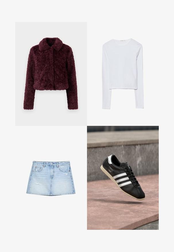 Burgunderfarbene, taillierte Jacke aus weichem, strukturiertem Stoff mit kragenförmigem Ausschnitt und langen Ärmeln. Keine sichtbaren Verschlüsse oder Verzierungen.; Weißes Langarm-Crop-Top aus weicher Baumwolle, mit rundem Halsausschnitt und tailliertem Schnitt, der minimalistische Nähte und keine Verzierungen aufweist.; Helles, blaugraues Denim-Rock mit geradem Schnitt, Fronttaschen und distressed Details. Abgeschlossen mit einem Knopf- und Reißverschluss.; Schwarzer Ledersneaker mit weißen Streifen und Sohle, geschnürt, schwebt über einer rosa gefärbten Betontfläche vor einer grauen Steinmauer im Hintergrund.