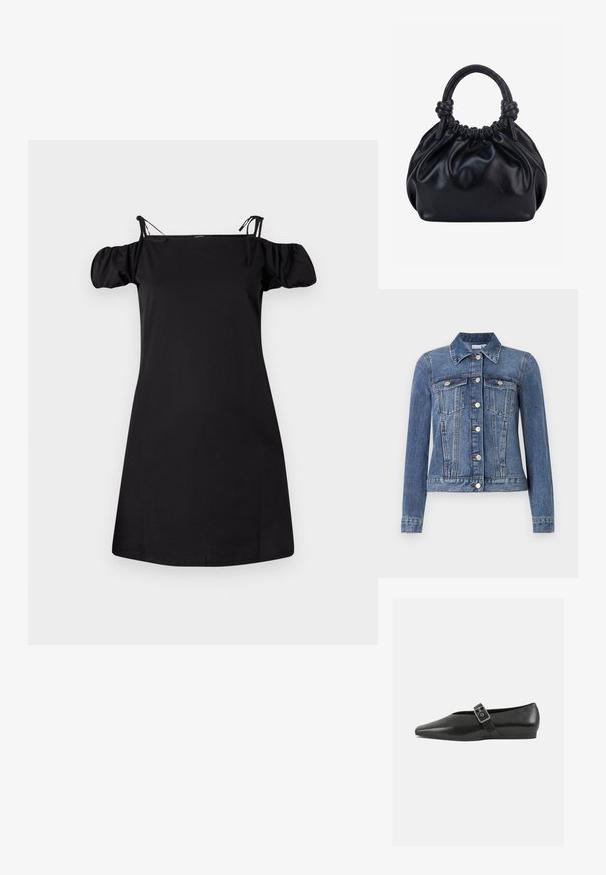 Blaue Jeansjacke mit Knopfverschluss, zwei Brusttaschen mit Klappen, langen Ärmeln und Kragen, flach auf weißem Hintergrund liegend.; Schwarzes schulterfreies Kleid mit Puffärmeln, aus einem glatten Stoff gefertigt. Verfügt über verstellbare Träger und einen entspannten Schnitt mit geradem Saum.; Schwarze Lederflachschuhe mit spitzem Zehenbereich, ausgestattet mit einem metallischen Riemen über dem Spann und einer niedrigen, flexiblen Sohle.; Schwarze weiche Lederhandtasche mit gerafftem oberen Teil und zwei dicken, zu Knoten gebundenen Griffen vor einem einfarbigen hellen Hintergrund.