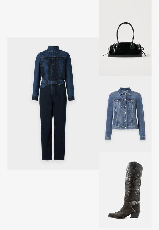 Sinine teksatagi nööpidega sulgemisega, kaks rinnataskut kaantega, pikad varrukad ja krae, laotatud valgel taustal.; Sinine teksajumpsuit, millel on tumedat sinist värvi, pikad varrukad, nööbiga esiosa, krae ja vöödiga talje ning kaks rinna-taskut.; Mustast nahast kameelisaap kaunistavate lõigetega, hõbedase pandla ja kaldu kannaosaga, valgel taustal.; Väike must läikiv käekott kahe pika sangaga ja külgedel paelakinnitustega, ühel lihtsal helel taustal.