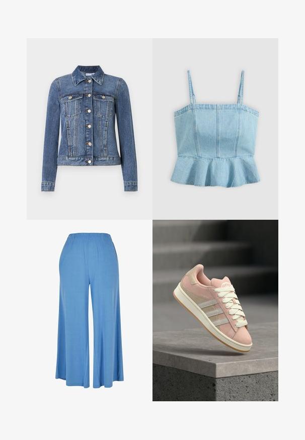 Blaue Jeansjacke mit Knopfverschluss, zwei Brusttaschen mit Klappen, langen Ärmeln und Kragen, flach auf weißem Hintergrund liegend.; Hellblaues ärmelloses Denim-Top mit verstellbaren dünnen Trägern und einem gerafften Saum auf Taillenhöhe, vordere vertikale Nahtdetails.; Hellblaue weit geschnittene Hose aus weichem Stoff, mit einem elastischen Bund und einem lockeren Schnitt, der bis zur Mitte der Wade reicht.; Rosa Wildleder- und beiger Ledersneaker mit weißen Streifen, runder Zehenkappe, flacher Sohle und weißen Schnürsenkeln. Auf der Zunge befindet sich ein Logo.
