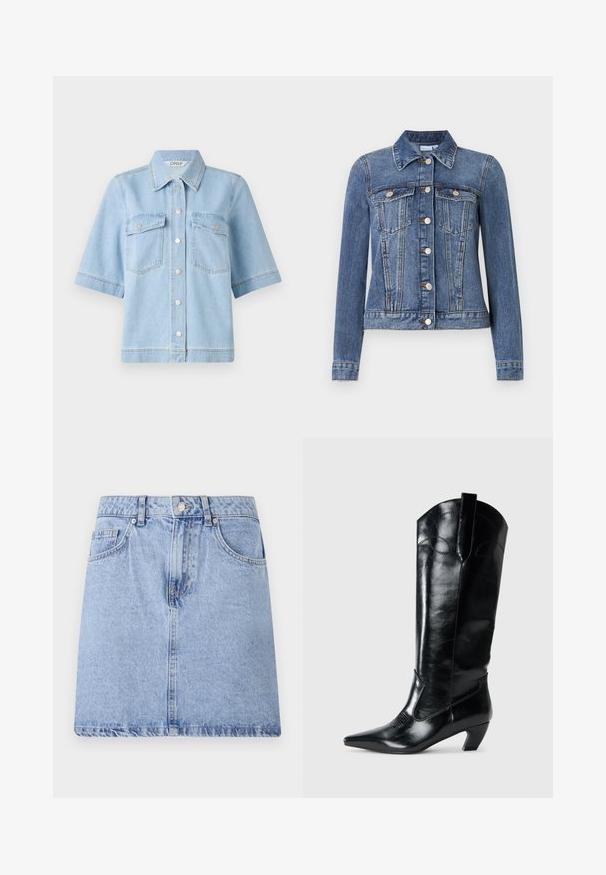 Blå denimjakke med knaplukning, to brystlommer med klapper, lange ærmer og en krave, lagt fladt på en hvid baggrund.; Lyseblå denim kortærmet skjorte med spidse kraver, to brystlommer og sølvfarvede trykknapper foran. Ren, glat tekstur.; Lyseblå denimskirt med fem lomme-design, frontknap og lynlåslukning samt rå kant. Glat tekstur med let falmning.; Sorte læderknæhøje støvler med spids tå, lav hæl og dekorative syninger på siderne. Glat, blank overflade.