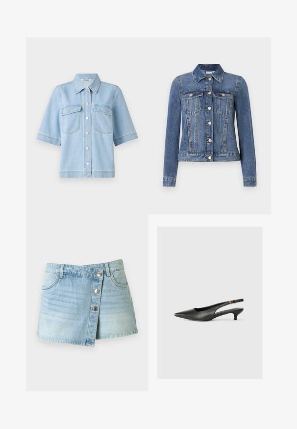 Blauwe spijkerjas met knoopsluiting, twee borstzakken met kleppen, lange mouwen en een kraag, plat liggend op een witte achtergrond.; Lichtblauwe denim overhemd met korte mouwen, een puntige kraag, twee borstzakken en zilveren drukknoopjes aan de voorkant. Schone, gladde textuur.; Lichtblauwe denim mini-rok met knoopsluiting aan de voorkant, twee voorzakken en riemlussen, getoond op een effen achtergrond.; Zwarte puntschoen met slingback van soepel leer. Kenmerkt zich door een dunne hak en een gespdetail op de verstelbare band.