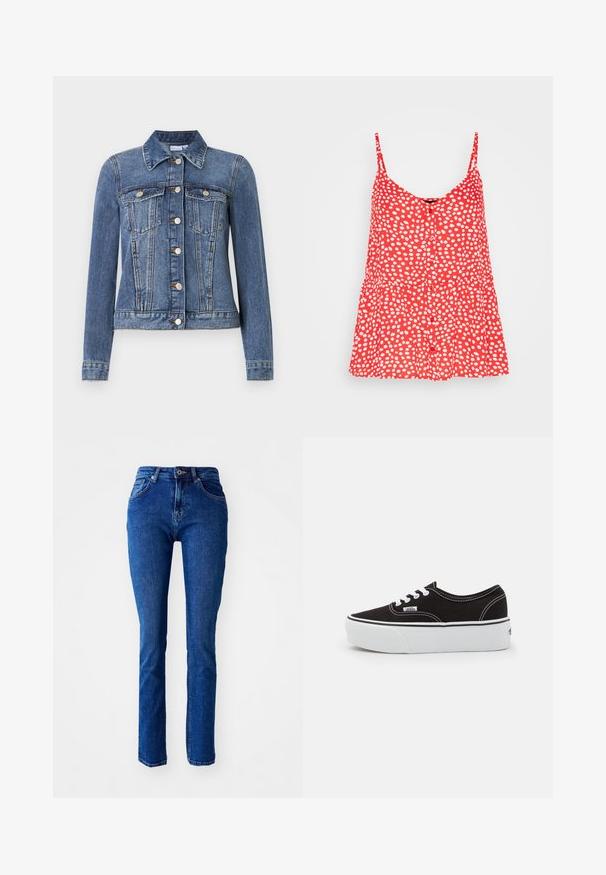 Chaqueta vaquera azul con cierre de botones, dos bolsillos en el pecho con solapas, mangas largas y cuello, colocada plana sobre un fondo blanco.; Pieces PCTALA SLIP - Top - high risk red; Jeans de mezclilla azul con un corte ajustado, cintura alta, piernas rectas y detalles cosidos. Cuenta con un cierre de botón y cremallera. Sin adornos adicionales.; Zapatilla de lona negra con suela de plataforma de goma blanca, que presenta cordones y costuras blancas, con branding icónico en el lateral, diseño de corte bajo.