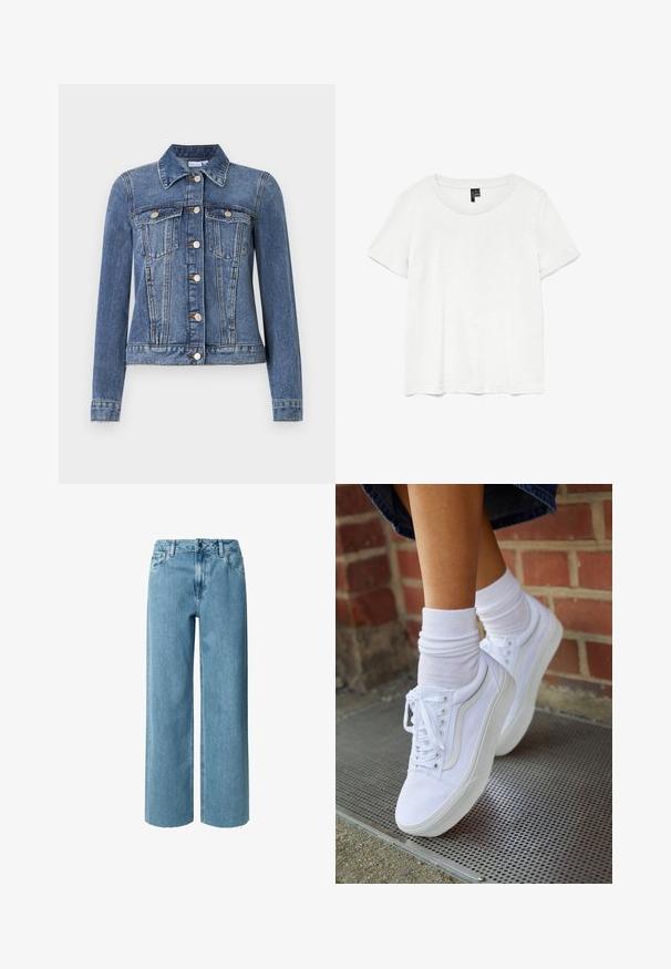 Blaue Jeansjacke mit Knopfverschluss, zwei Brusttaschen mit Klappen, langen Ärmeln und Kragen, flach auf weißem Hintergrund liegend.; Weißes T-Shirt mit kurzen Ärmeln und rundem Ausschnitt, hergestellt aus leichtem Stoff. Schlichtes Design, glatte Textur und gerader Saum.; Blaue Denim-Jeans mit weitem Bein und hoher Taille, ausgestattet mit Gürtelschlaufen, Reißverschluss und ausgefransten Säumen. Der Stoff hat eine weiche, glatte Textur.; Weiße Leinensneaker mit Gummisohlen, ausgestattet mit sechs Ösen, runder Zehenpartie und dezenten Nähten, kombiniert mit weißen Knöchelsocken.