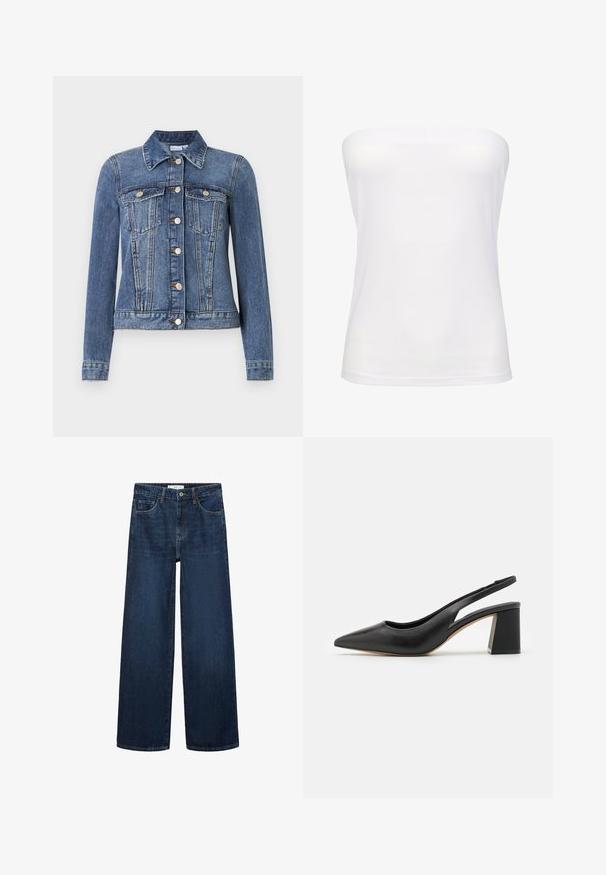 Blaue Jeansjacke mit Knopfverschluss, zwei Brusttaschen mit Klappen, langen Ärmeln und Kragen, flach auf weißem Hintergrund liegend.; Weißes trägerloses Tube-Top mit figurbetonter Silhouette und glattem Stoff, für den Freizeitgebrauch entworfen.; Weite dunkelblaue Denim-Jeans mit hoher Taille, ausgestattet mit fünf Taschen und einer klassischen Knopfschließe. Glatte Textur und gerader Schnitt.; Schwarze Leder-Slingback-Pumps mit spitzem Zehenbereich, einem Auschnitt-Design und einem klobigen Blockabsatz. Glatte Textur mit einem minimalistischen Ästhetik.