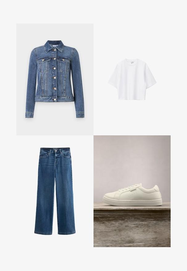 Blå denimjakke med knaplukning, to brystlommer med klapper, lange ærmer og en krave, lagt fladt på en hvid baggrund.; Hvid cropped t-shirt lavet af blød bomuld med rund hals, korte ærmer og løs pasform. Simpelt og alsidigt design.; Blå vidde jeans i denim med høj talje, fem lommer, subtile slidte detaljer, knaplukning og kontrasterende syninger.; Hvide lædersneakers med snørebånd svævende over en træbænk, grøn høj græs sløret i baggrunden udendørs.