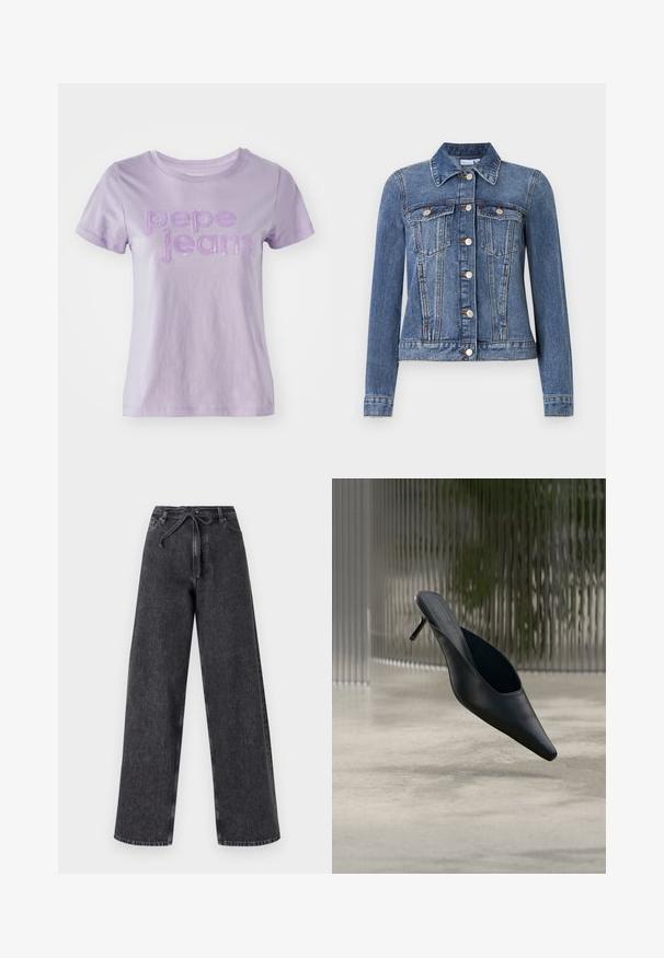 Blå denimjakke med knaplukning, to brystlommer med klapper, lange ærmer og en krave, lagt fladt på en hvid baggrund.; Lyslilla kortærmet t-shirt lavet af bomuld, med "pepe jeans" i struktureret lilla bogstaver på fronten. Glat stoffinish.; Højtaljede, brede ben sorte denim jeans med snørelukning. Har en falmet tekstur og subtile syninger.; Sort mule sko med spids tå og tynd høj hæl, der svæver over en glat beton gulv med en sløret baggrund med lodrette striber.