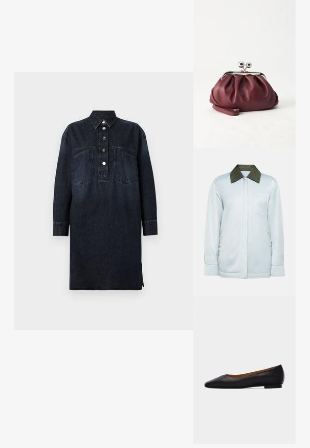 Helle blaue Jacke aus glattem Stoff mit dunkelgrünem Cordkragen, einer Brusttasche und Knopfmanschetten. Einfaches und modernes Design.; CLOSED DRESS - Jeanskleid - dark blue; Schwarzer flacher Schuh aus Leder mit spitz zulaufender Vorderkappe, niedrigem Absatz und glatter Oberfläche, von der Seite vor einem hellgrauen Hintergrund dargestellt.; Kleine burgunderrote Lederclutch mit silbernem Metallverschluss und Handgelenksriemen auf weißem Hintergrund.