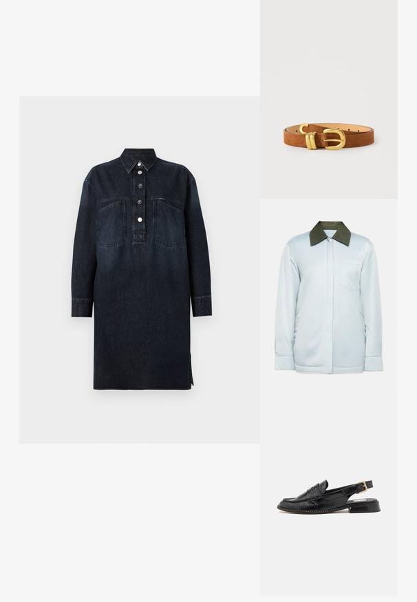 Heledsinine jakk, mis on valmistatud siledast kangast, tume rohelise ribikrae, rinnatasku ja nööbiga mansettidega. Lihtne ja modernne disain.; CLOSED DRESS - Teksakleit - dark blue; Musta slingback kingad, mis on valmistatud tekstureeritud nahast, madala kontsaga, dekoratiivse õmblusega ja kuldtooni pandla aktsendiga.; Pruun seemisnahast vöö kuldse metallist pandla ja kahe kuldse vöötsükliga, tasapinnal valgel taustal.