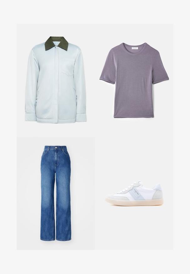 Lichtblauwe jas van gladde stof met een donkergroene corduroy kraag, een borstzak en knopenmanchetten. Eenvoudig en modern ontwerp.; Paarse korte mouwen T-shirt van zachte stof, met een ronde hals en een rechte zoom, met een gladde textuur en geen zichtbare patronen.; Blauwe denim wijde broek met verticale witte strepen, hoge taille en vijf-pocket ontwerp, voorzien van een knoop- en ritsluiting.; Witte en lichtblauwe sneakers gemaakt van leer en suède, met een ronde neus, veters en een gestructureerde zool met een logo detail.