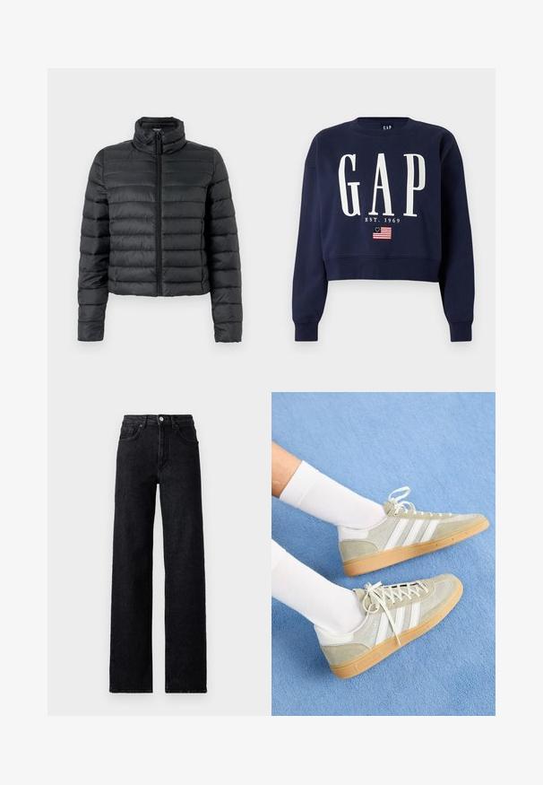 Sort pufjakke med høj krave, frontlynlås og quiltet design. Har en cropped længde og glat, syntetisk stoftekstur.; Marineblå cropped sweatshirt med hvide "GAP" bogstaver, teksten "EST. 1969" og et lille amerikansk flag med 13 stjerner under teksten.; Højtaljede sorte denim jeans med knap- og lynlåslukning, for- og baglommer samt lige ben.; Lys grå ruskinds sneakers med hvide gummidetaljer, der har tre hvide striber og en gummisål, båret med hvide sokker på en blå baggrund.