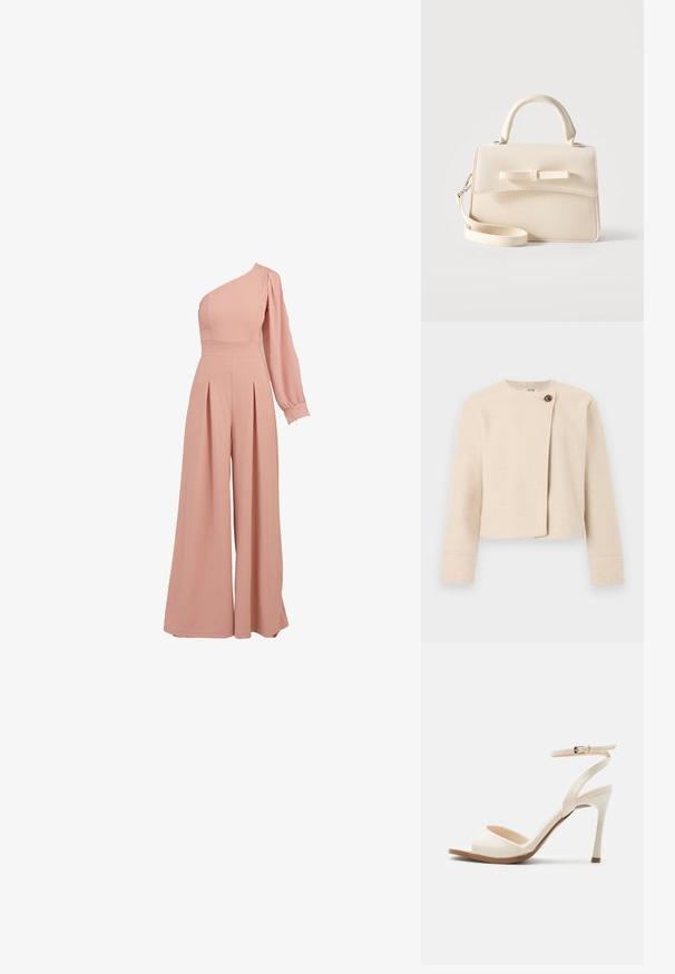 Veste courte en laine de couleur crème avec manches longues et fermeture asymétrique à l'avant, fixée par un seul gros bouton marron.; Combinaison une épaule rose avec un buste ajusté, une longue manche bouffante, un pantalon large plissé et une texture de tissu léger et lisse.; Sandale à talon haut beige avec fine bride de cheville et boucle dorée, bout ouvert et talon aiguille élégant sur fond blanc.; Petit sac à main beige avec poignée supérieure, bandoulière amovible, rabat avant et nœud horizontal décoratif sur un fond uni.