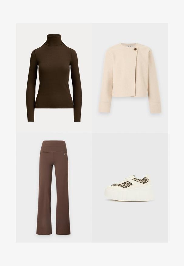 Kremfarvet cropped uldjakke med lange ærmer og asymmetrisk frontlukning, der lukkes med en stor brun knap.; Mørkebrunt langærmet ribstrikket polotrøje med tætsiddende silhuet og lille logo nær den nederste kant foran på venstre side.; Brune flared træningsbukser med bred talje, lavet af stretchmateriale, med en lille hvid Nike-logo på hoften.; Hvide platform sneakers med en glat læderoverdel, der har et leopardprint på siden og en struktureret gummisål.